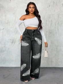 Slaydiva Quần jean ống rộng cạp cao họa tiết lông vũ cỡ lớn cho nữ - màu đen - Xem 7