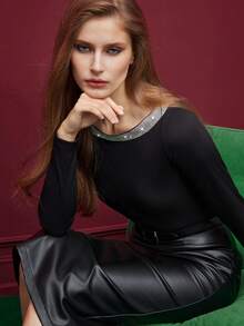 Maija Women's Elegant Rhinestone Embellished Long Sleeve Fitted T-Shirt, Spring/Autumn