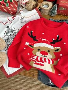 SHEIN 4 件套家庭装圣诞套装 - 妈妈和我：小男孩、小女孩休闲可爱圣诞帽、驯鹿、红色圣诞毛衣圆领套头衫，适合秋冬季、居家、郊游、圣诞派对 - 紅色 - 查看 8