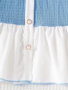 Young Girl Colorblock Faux Pearl Button Patchwork White Ruffle Hem Long Sleeve Dress - Blue - View 8