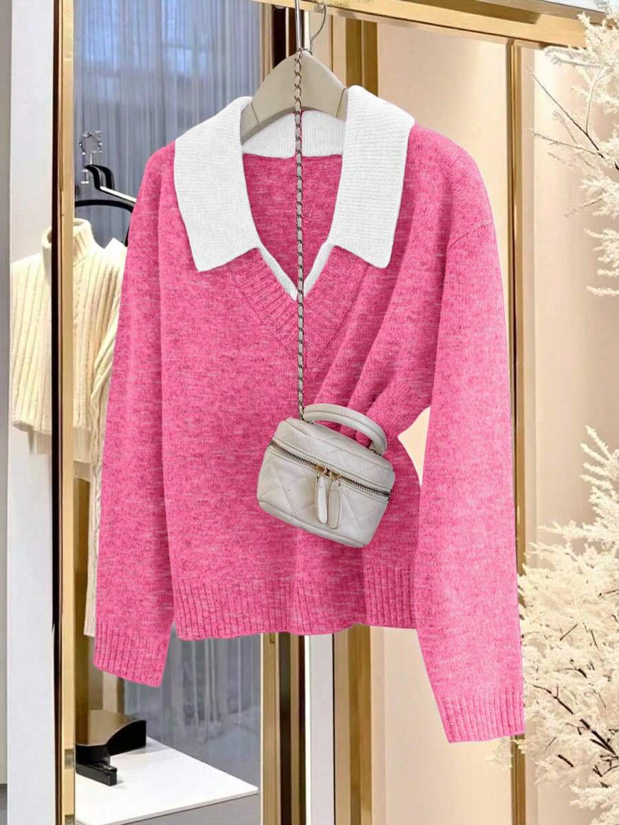 Franclia V-Neck 2 In 1 Long Sleeve Sweater, Autumn/Winter - Hot Pink - View 1