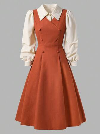 梭织长袖领衬衫 + 休闲梭织无袖中长连衣裙，适合少女