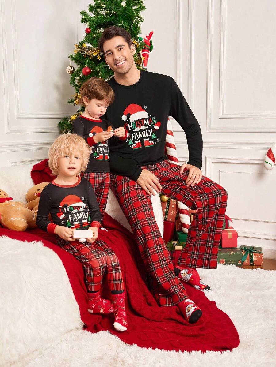 SHEIN 3 件套男婴紧身圣诞老人图案针织柔软圆领长袖上衣和红色格子松紧腰裤紧身睡衣套装，爸爸和我配套服装（单独出售） - 彩色 - 查看 1