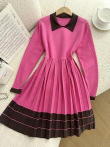 Vestido de suéter con bloqueo de color, plisado en la cintura y dobladillo para niña preadolescente, otoño/invierno