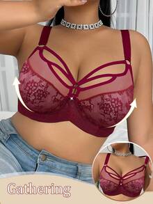SHEIN 1件加大码蕾丝拼接钢圈文胸，圣诞节 - 紅色 - 查看 6