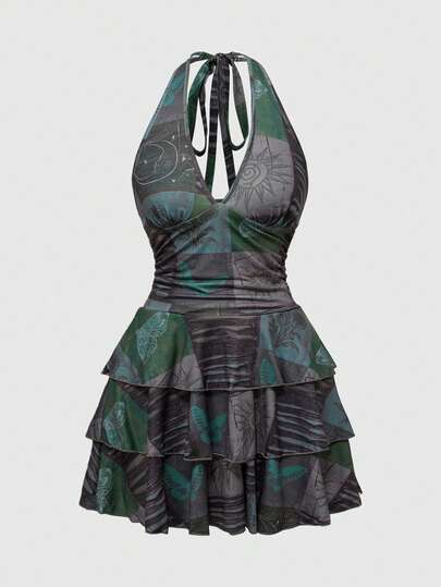 ROMWE Hippie Grunge Music Festival Style Sexy Bohemian Plant Forest Patchwork Butterfly Sun Moon And Stars Vintage Tight Ruched Women's Bodycon Dress With Halter
