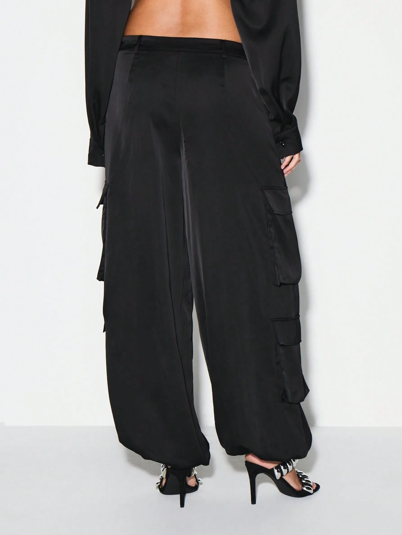 KIZN Satin Cargo Wide Leg Pants With Pockets