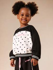 SUMWON Conjunto de sudadera con capucha y pantalones de chándal con estampado de corazón para niñas, ropa casual - Blanco y Negro - Ver 4