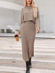 SHEIN Privé 女式纯色落肩长袖 T 恤和吊带背心连衣裙休闲两件套，秋季 - 棕色 - 查看 4