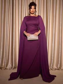 Elenzga 大码女式斜肩长袖开衩下摆修身优雅连衣裙 - 中紫紅色 - 查看 8