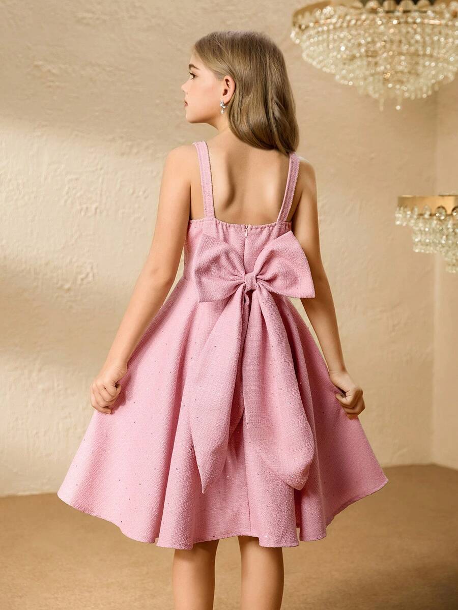 女童亮片粗花呢背带裙，高腰紧身蝴蝶结喇叭裙，优雅 - 粉色 - 查看 1