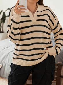 Sunspun Plus Size Women Casual Striped V-Neck Loose Pullover Sweater, Suitable For Daily Commute, Autumn/Winter - Apricot - View 6