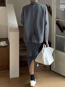 DAZY 女式简约通勤翻领喇叭袖夹克和裙子两件套，秋季 - 灰色 - 查看 6