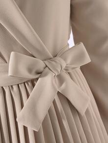 Tween Girls' Elegant Fashion Collared Puff Sleeve High Waist Solid Color Midi Pleated Dress, Khaki, Autumn - Apricot - View 5