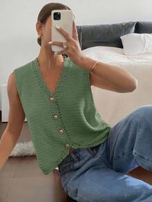 SHEIN Frenchy 秋冬女士纯色单排扣V领休闲针织背心 - 墨綠色 - 查看 4