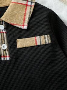 Souflis Souflis 年轻男孩休闲优雅格子华夫格针织长袖 Polo 衫和裤子套装，适合日常穿着、上学、度假和各种场合 - 黑色 - 查看 6