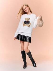 Casual Cute Bear Print Sweater For Teen Girl Suitable For School And Outdoor Wear Fall Winter - White - View 4
