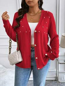 Vionelle Plus Size Women Long Sleeve Single-Breasted Partial Bubble Pearl Rhombus Texture Cardigan Red Blazer Women Red Cardigan Women Women Cardigan Women Blouses Long Sleeve Red Blouse Women Plus - Red - View 1