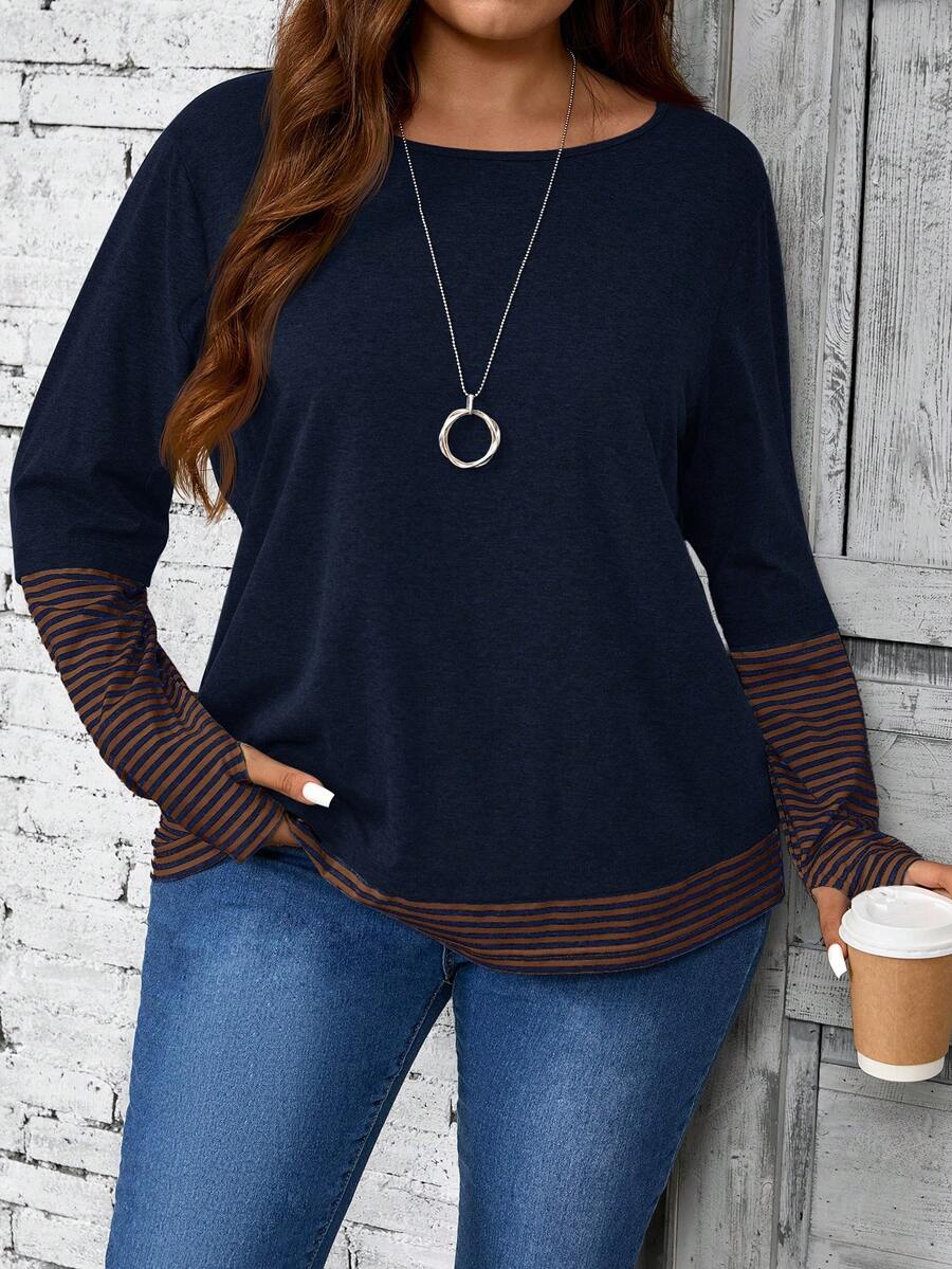 EMERY ROSE 大码女式纯色条纹拼布圆领宽松休闲长袖 T 恤，秋季女装 - 藏蓝色 - 查看 1