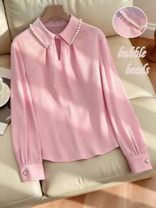 Franclia Damenbluse in einfarbigem Rosa mit Perlenverzierung am Kragen – ein elegantes, vielseitig kombinierbares Langarmshirt für Damen, perfekt für Alltag, Freizeit, Verabredungen, Partys und Treffen. - Pink - Übersicht 3