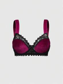 ROMWE Goth 女士哥特式天鹅绒钢圈蝴蝶结简约文胸，基本款内衣 - 酒紅色 - 查看 1