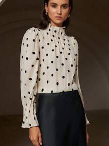 Aveloria Rosie 宽松长袖波点女式休闲百褶领口和袖口衬衫，颜色随机 - 彩色 - 查看 4