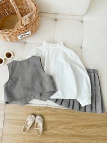 SHEIN 少女优雅金色纽扣背心、荷叶边领衬衫和百褶裙套装，适合秋冬季节、派对和日常穿着。少女校服灰色制服连衣裙，秋冬季少女连衣裙百褶裙套装。 - 灰色 - 查看 2