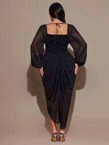 SHEIN BAE Plus Size Women Black Chiffon Long Sleeve Split Ruched Dress - Black - View 3
