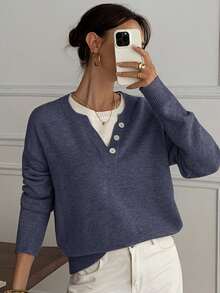 DAZY 休闲拼色亨利领套头衫，柔软针织二合一女式毛衣 - 藏蓝色 - 查看 2