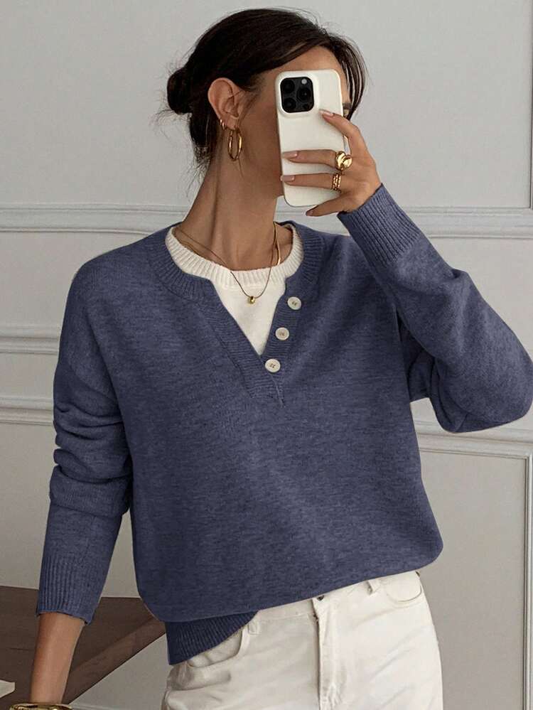 Casual Color Block Henley Neck Pullover, Soft Knit 2 In 1 Sweater For Women