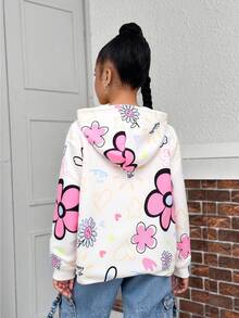 青少年女孩休闲百搭日常百搭校园街头涂鸦印花连帽拉链运动衫夹克 - 杏色 - 查看 7