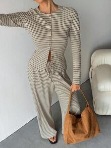SHEIN Tall 2pcs Women Casual Striped Front Button Long Sleeve Top And Wide Leg Pants Set, Autumn - Multicolor - View 8