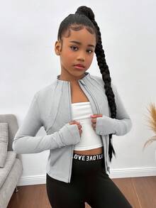 SHEIN Áo khoác nhẹ có khóa kéo cho bé gái tuổi teen, Áo khoác thể thao thoáng khí dùng để chạy bộ, tập gym, yoga, quần áo cho mọi mùa thu đông - Màu Xám nhạt - Xem 3