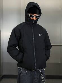 Manfinity Roghcode Abrigo casual negro acolchado para hombre, de manga larga, para otoño/invierno