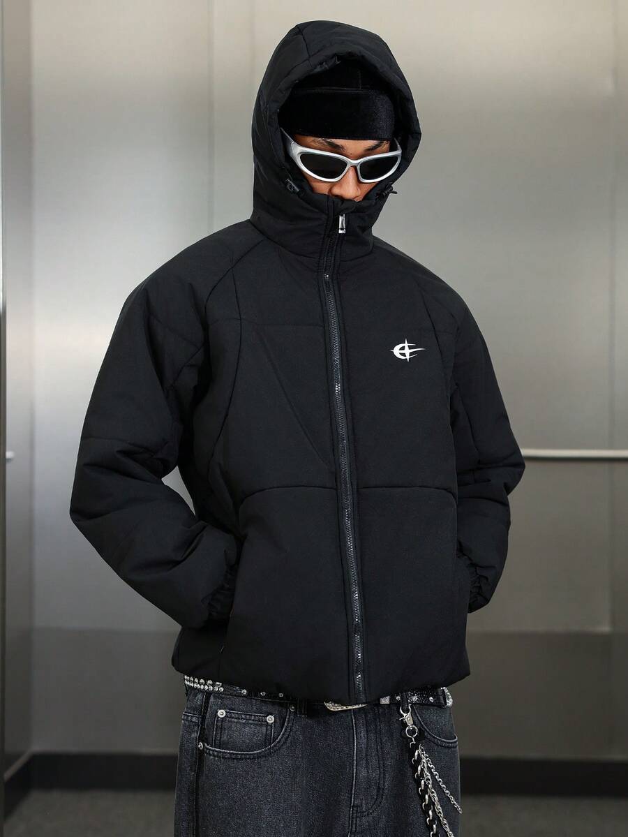 Manfinity Roghcode Abrigo casual negro acolchado para hombre, de manga larga, para otoño/invierno