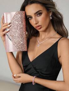 CUCCOO SZL Damen Kristall Abendhandtasche, Set mit 4 Kristall Ohrclips Brautschmuck Halskette Armband Anhänger, funkelnde Tasche, perfekt für Party, Hochzeit, Abschlussball, Dinner/Bankett, Hochzeitskleid, Abendrobe, Abschlussballkleid, Geburtstagskleid, Valentinstag