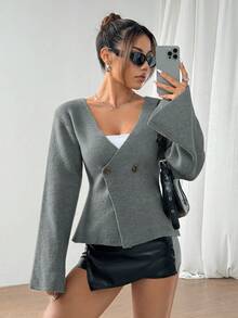 SHEIN Unity Áo len cardigan dệt kim hai hàng khuy, thắt eo thời trang dành cho nữ, Thu/Đông - Xám - Xem 6