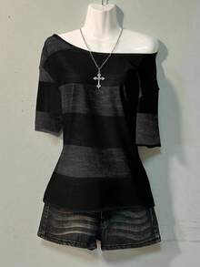 Attitoon Striped Casual Loose Plus Size One-Shoulder Drop Shoulder Short Sleeve T-Shirt, Comfortable & Relaxed College Style For Plus Size Women - Multicolor - View 5