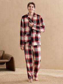 Old Money 男士舒适格子印花衬衫和裤子睡衣套装，秋冬季男士外出格子保暖宽松休闲复古风，圣诞节 - 彩色 - 查看 3