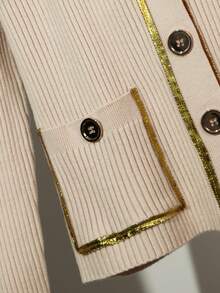 Franclia 女式休闲纯色插肩袖修身长袖撞色边 V 领金属纽扣口袋针织开衫 - 卡其色 - 查看 6