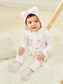 SHEIN Baby Girl 1pc Heart Print 3D Ear Detail Hooded Jumpsuit - Multicolor - View 7