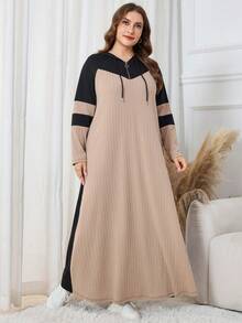 Lacomfia 大码休闲针织提花拼色连帽长袖宽松中长连衣裙，春秋季 - 彩色 - 查看 4