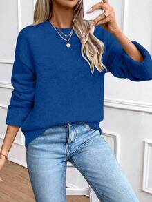 SHEIN LUNE Suéter holgado de cuello redondo con hombros caídos y puños acanalados para mujer - azul real - Ver 3
