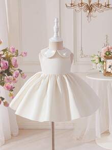Elegant & Cute Satin Apricot Mesh Collar Dress For Baby Girl