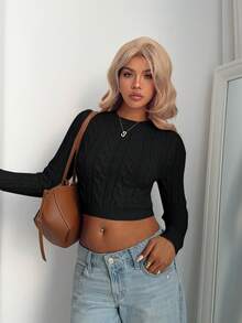 Aloruh Black Sweater Women's Vintage Chunky Knit Crew Neck Fitted Long Sleeve Pullover Sweater, Minimalist Apricot Color Base Layer In Fall/Winter,Black Top,Fall,Fall Clothes For Women Fashion Clothing Street Chic - Black - View 8