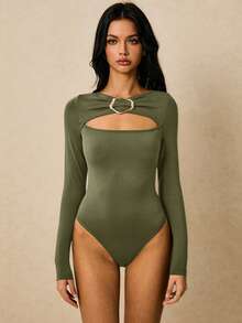 Poéselle 女士纯色金属装饰镂空设计长袖紧身衣 - 軍綠色 - 查看 3