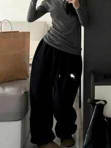 SHEIN 女式黑色松紧腰宽松休闲慢跑裤，带口袋 - 黑色 - 查看 4