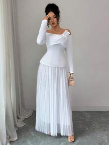 Modelyn French Design Off-Shoulder Top & Mesh Skirt 2-Piece Dress Set For Women