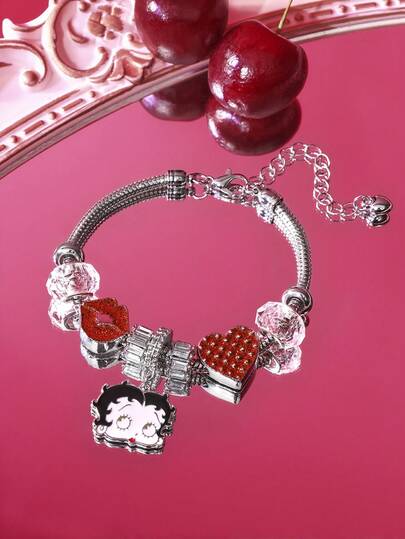 Betty Boop x SHEIN Pulsera con colgante de aleación de plata con diseños de flor, corazón y lindos, adecuada para uso diario