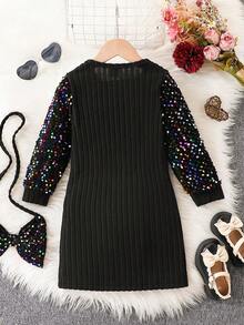 Girls' Black Ribbed Splice Beaded Fitted Dress - Black - View 2